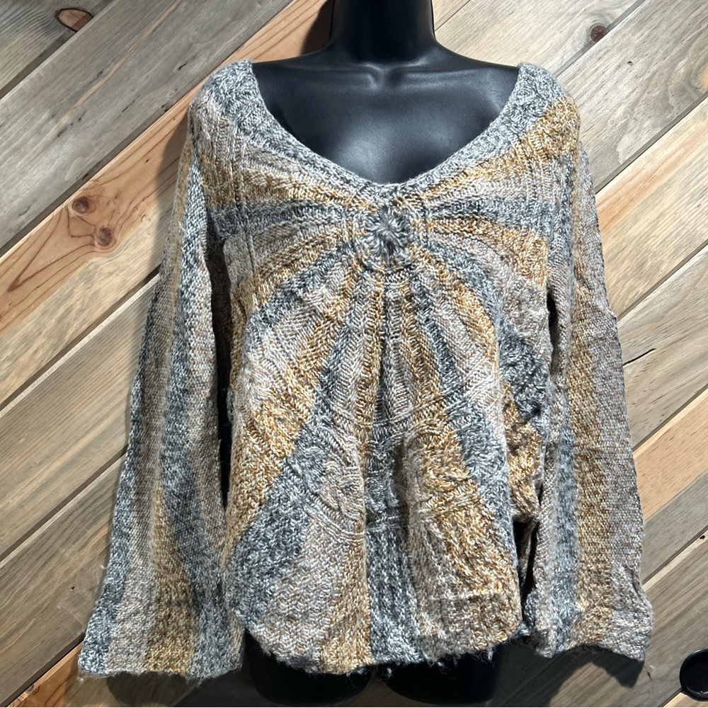 Free People Multi-color Rays of Sunshine Pattern Bell Sleeve V-Neck Sweater